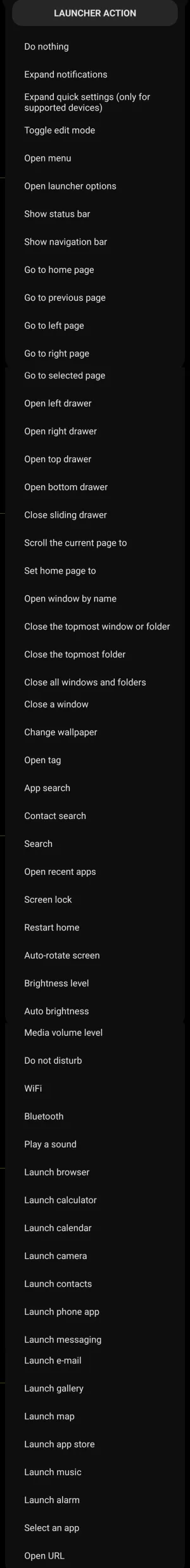 Launcher Action selection menu Launcher Action selection menu
